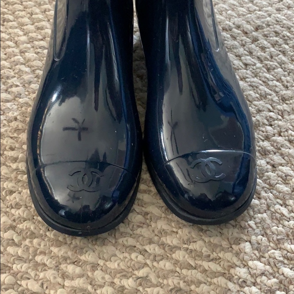 Authentic Chanel Camellia Flower Navy Rain Boots.